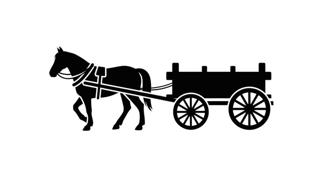 Black silhouette of a horse pulling a wooden wagon.