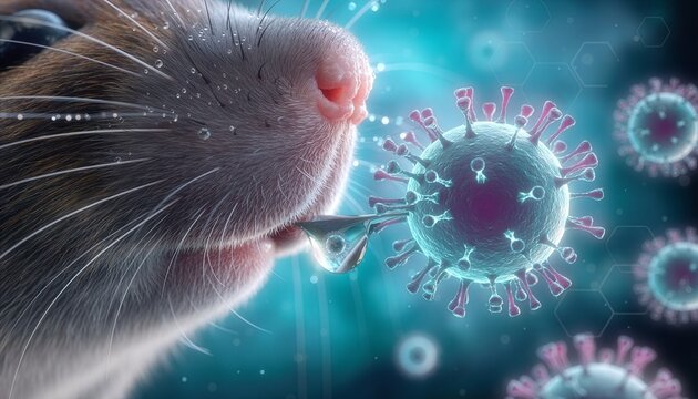Microscopic view of mouse interacting with viral particle suitable for scientific research articles, medical presentations, educational materials, and biology publications.