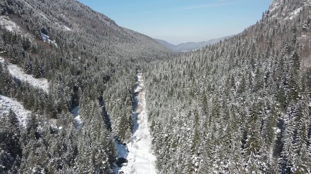 Aerial winter view of Rila Mountain near Beli Iskar village, Sofia Region, Bulgaria