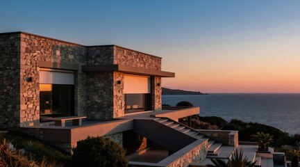 Naklejka premium Modern stone villa with rolled down blinds sits on cliff overlooking calm ocean at sunset. Luxury house offers privacy, sea view, outdoor seating area, and tranquil ambiance.