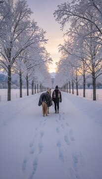 Man walking away with horse along snowy tree alley in winter. Peaceful outdoor scene with person leading horse into distance through winter landscape surrounded by trees and snow