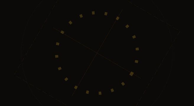 Minimalist digital clock interface with glowing gold dots, abstract time counting animation on black background, futuristic HUD display element