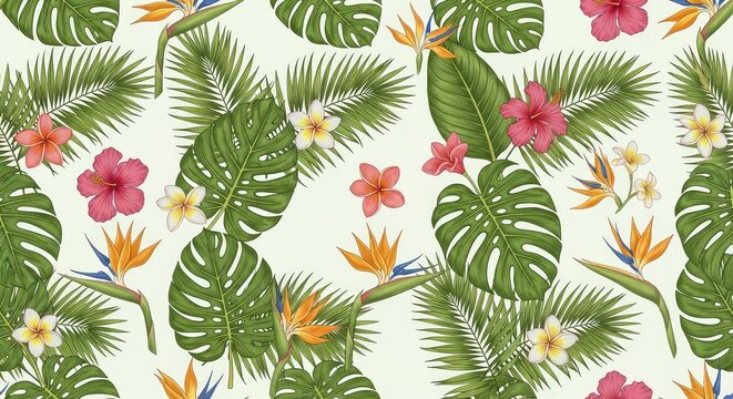 Intricate seamless floral pattern featuring elegant palm fronds and tropical blossoms in a traditional botanical style for textile designs, flora, detailed, texture