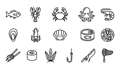 Minimal seafood outline icon set with marine food vector symbols for infographic and web interface © MdHacib