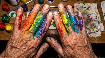 Fototapeta premium Hands covered with colorful paint creating vibrant art on wooden table, close-up view of creative hobby environment