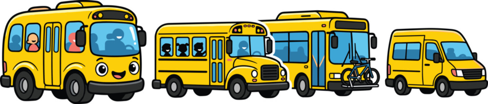 Cute Yellow School Bus and Public Transit Van Set with Happy Cartoon Character Faces and Children Passengers for Kids Education Vectors