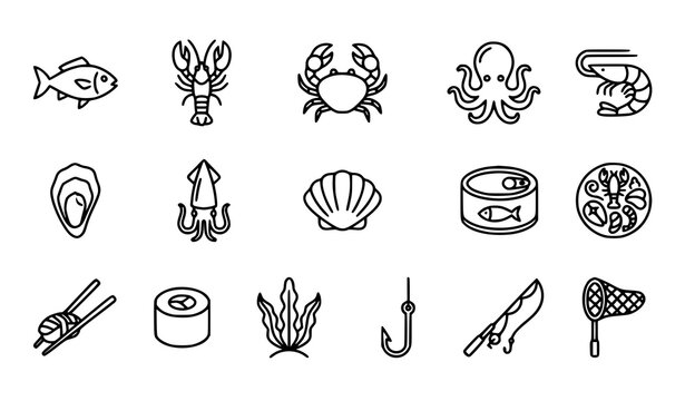 Minimal seafood outline icon set with marine food vector symbols for infographic and web interface
