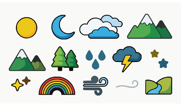 Cute nature and weather symbol vector pack with colorful mountains clouds sun and moon elements