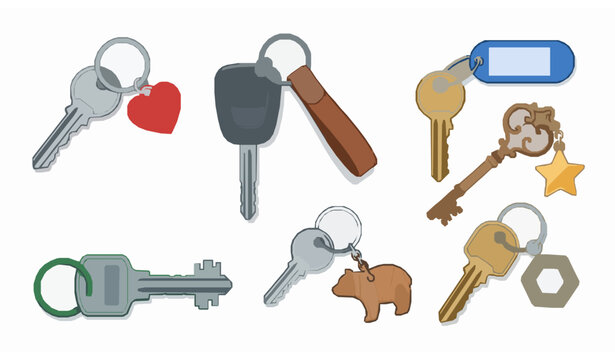Set of keys with different keychains vector collection featuring house car and security key illustrations