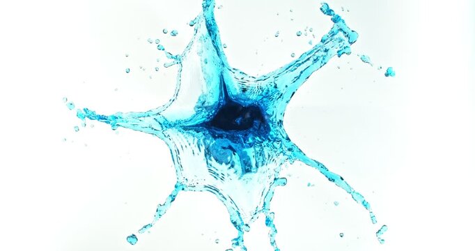 Ultra slow motion water splash isolated on white background. Topdown shot. Realistic liquid droplets ideal for VFX compositing, overlays, cinematic effects and motion graphics.