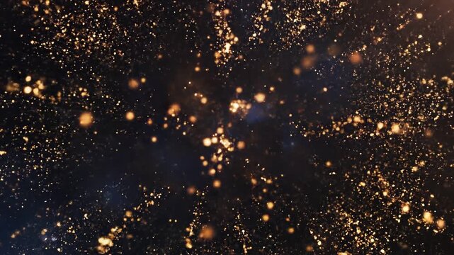 Dynamic explosion of golden particles expanding outward in a dark cosmic background