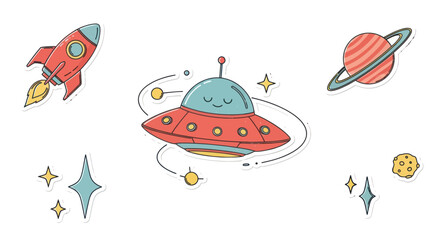 Cute Space Objects: Rocket, UFO, Planet, Stars - Kids Cartoon Style © firia