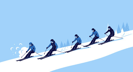 Group of skiers in face masks skiing down a snowy slope, winter sport illustration © firia