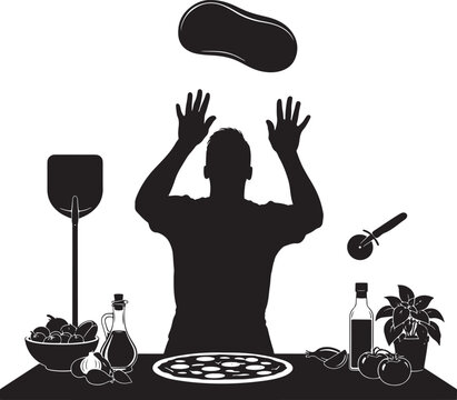 Silhouette of pizza maker tossing dough with ingredients, pizza peel