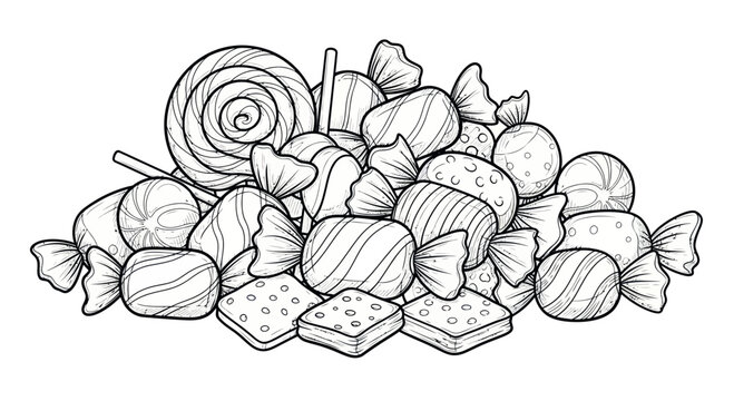 Hand-drawn Assorted Candies and Lollipops - Outline Illustration