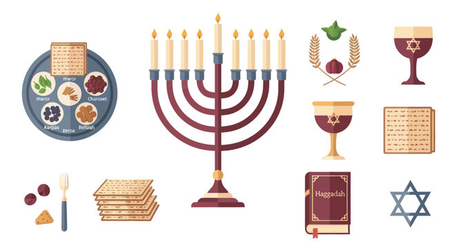 Jewish Holiday Symbols: Menorah, Seder Plate, Matzah, Kiddush Cup