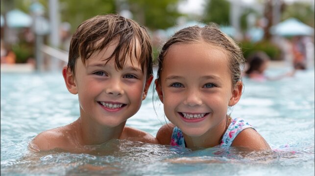 Kids enjoy summer fun in the pool during a sunny day at an outdoor water park with friends and family playing nearby