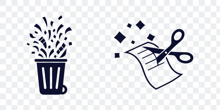 Waste and Privacy Icons Shredded Document in Trash Can and Scissors Cutting Paper. Delete, Security, Office Vector Graphic Set