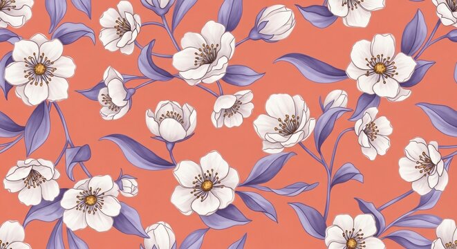 Seamless floral pattern of white jasmine flowers with purple leaves on coral background