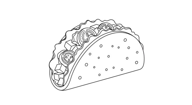 A detailed line art drawing of a single taco filled with various ingredients, presented on a white background.