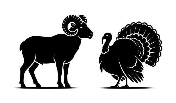 Ram and turkey black silhouette vector illustration