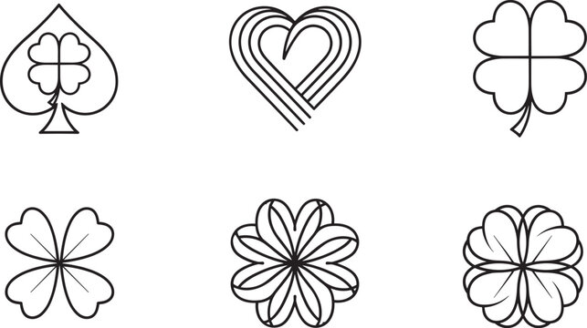Minimalist four leaf clover and heart icons set featuring black line art shamrock symbols and decorative spades for luck branding greeting cards and vector designs.
