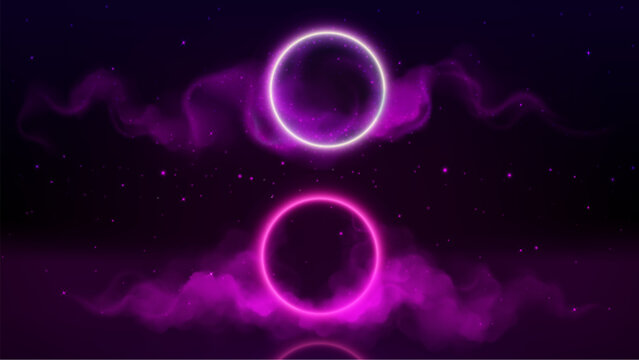 Elegant abstract cosmic design featuring glowing circular shapes with luminous effects against a dee