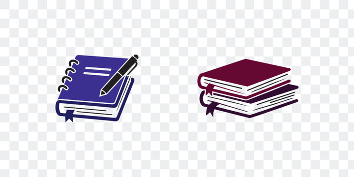 Education and Stationery Icons Purple Notebook with Pen and Stack of Books with Bookmarks. Learning, Study, Office, Knowledge Concepts