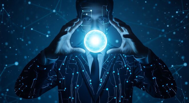 Cybernetic warrior silhouette with glowing energy orb in cosmic space background featuring digital star particles and neon blue cosmic atmosphere for sci-fi concept art and futuristic technology