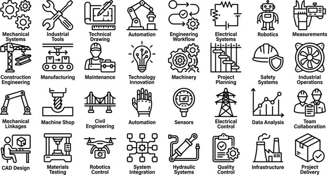 Engineering and industrial icons comprehensive set for technical documentation and presentations
