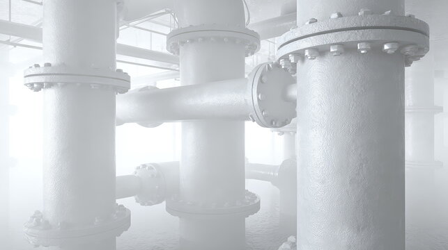 Industrial pipes with flanges and bolts forming a complex network in a foggy, monochromatic environment, conveying a sense of steam, machinery, and power
