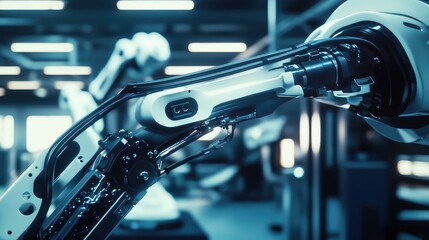 Obraz premium Robotic arm performing tasks in an automated advanced manufacturing facility, representing futuristic technology, industrial innovation, and production efficiency
