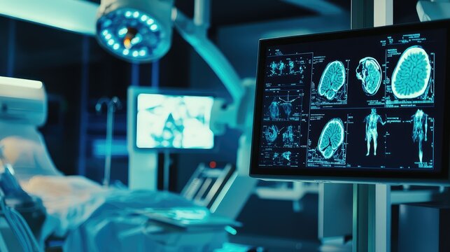 Medical workstation monitor displaying detailed human brain and body scans, assisting healthcare professionals during intricate neurosurgery procedures in a modern hospital setting