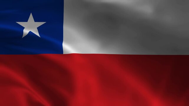 Waving flag of Chile featuring the lonely star and horizontal bands of white and red; high quality cinematic 4k video of the Chilean national emblem with realistic cloth folds and seamless looping.