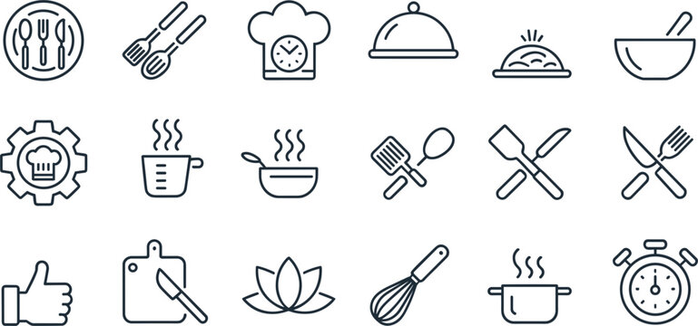 Cooking and kitchen outline icons vector set, food preparation utensils and chef illustration collection