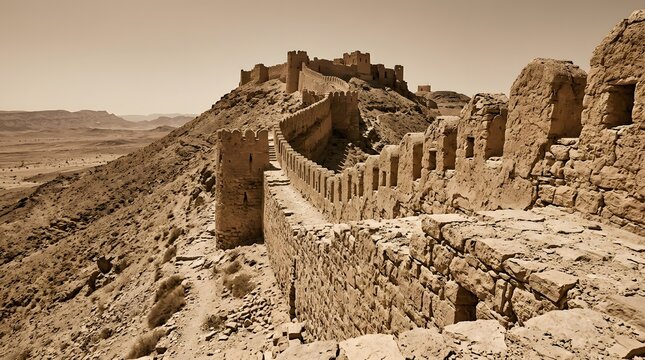 Ancient Desert Fortress Ruins on Arid Plateau Landscape