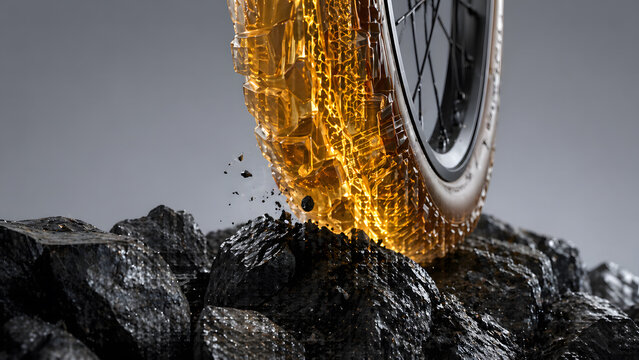 Tire in motion over jagged rocks with golden trail. dynamic off-road wheel crushing sharp stone terrain with glowing dust. perfect for adventure, grip and endurance concepts.