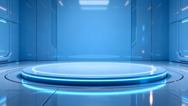 Futuristic blue room with circular platform