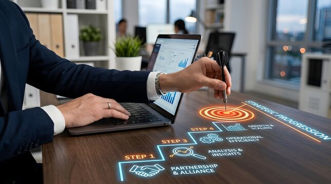 Businessman analyzing customer retention strategy with digital marketing dashboard and touchscreen interface in modern office