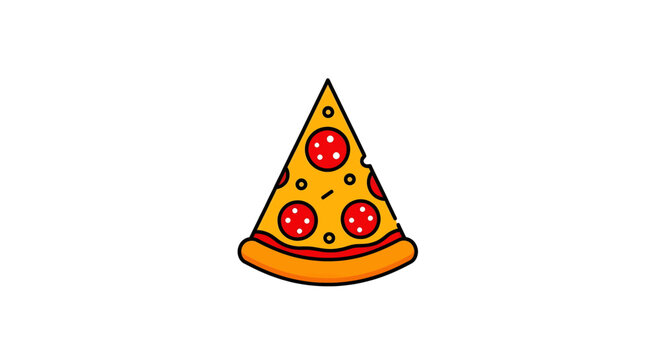 A cartoon illustration of a single slice of pepperoni pizza with a golden crust and red toppings.