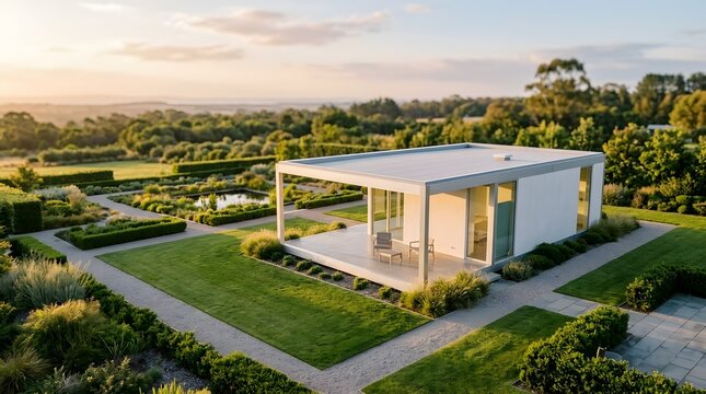 Modern architecture luxury home with panoramic garden view