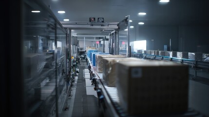 Fototapeta premium Boxes moving along an industrial conveyor belt system in an automated warehouse, highlighting modern manufacturing, logistics, and efficient supply chain processes