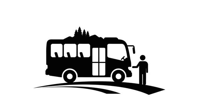 Black silhouette of a passenger bus with a driver standing next to it.