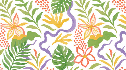 Fototapeta premium Vibrant Tropical Floral and Leaf Pattern Seamless Vector Illustration