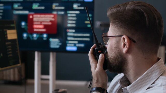 Close up shot of male adult Caucasian tech specialist reporting security issue through radio communication while detecting cyber threat on computer in control center