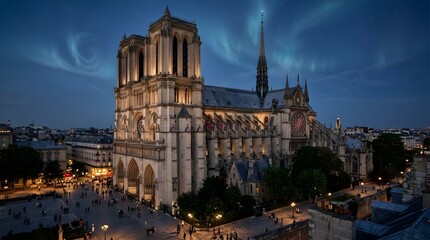 Obraz premium Notre Dame Cathedral at Dusk with City View and People