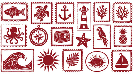 Charming set of vintage vector illustrations, designed in a classic postage stamp style, depicting marine life, summer elements, and travel symbols for various design applications © Pronob Kumar Ray