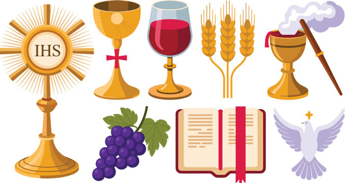 Christian First Holy Communion and Eucharist Elements Vector Icon Set with Monstrance Chalice Grapes Wheat Holy Bible and Dove Symbols for Religious Graphic Designs