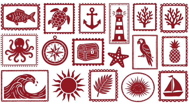 Charming set of vintage vector illustrations, designed in a classic postage stamp style, depicting marine life, summer elements, and travel symbols for various design applications