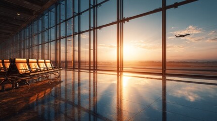 Fototapeta premium Airport terminal lounge with airplane taking off and sunset reflections